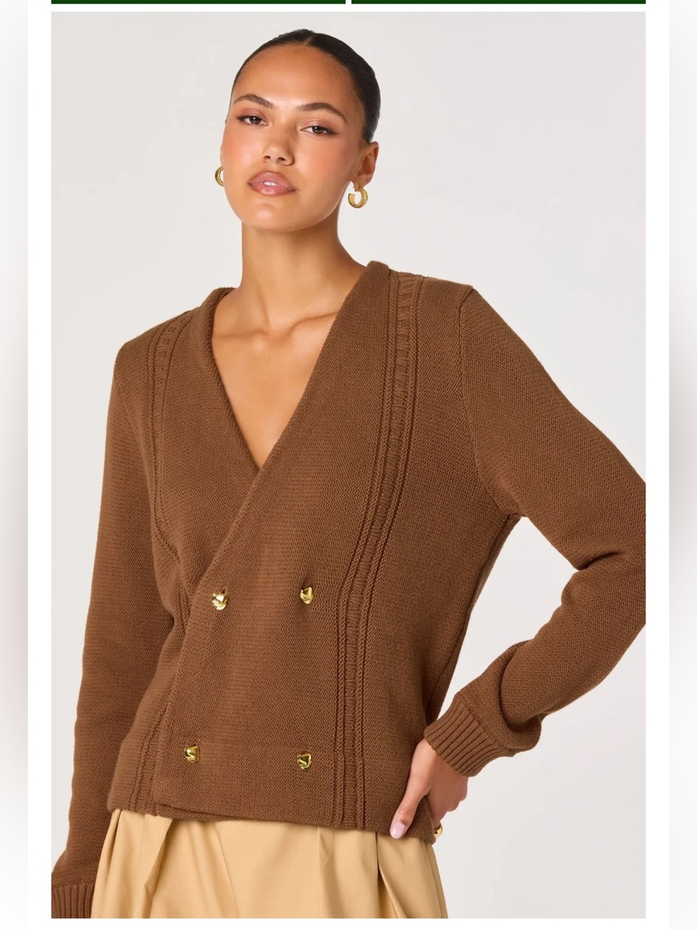 ASTR The Label Merritt Cotton Vneck Button Cardigan Brown Medium - Picture 1 of 8